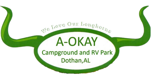 Green logo for A-OKAY Campground and RV Park in Dothan, AL, with bull horns and text