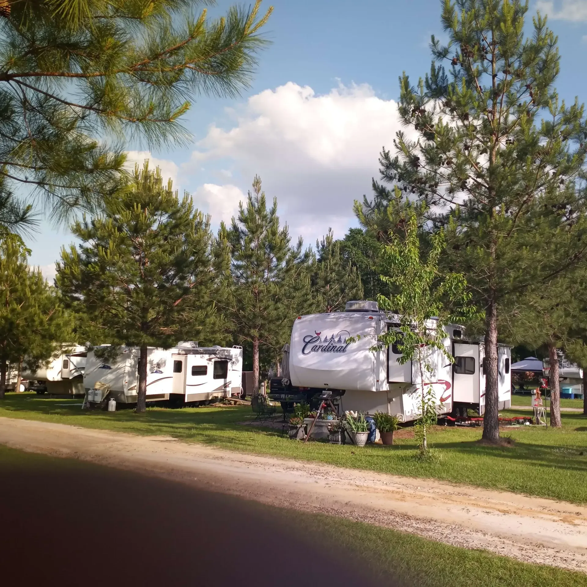Campground with RVs parked on grassy lots, under trees, with blue sky and clouds.