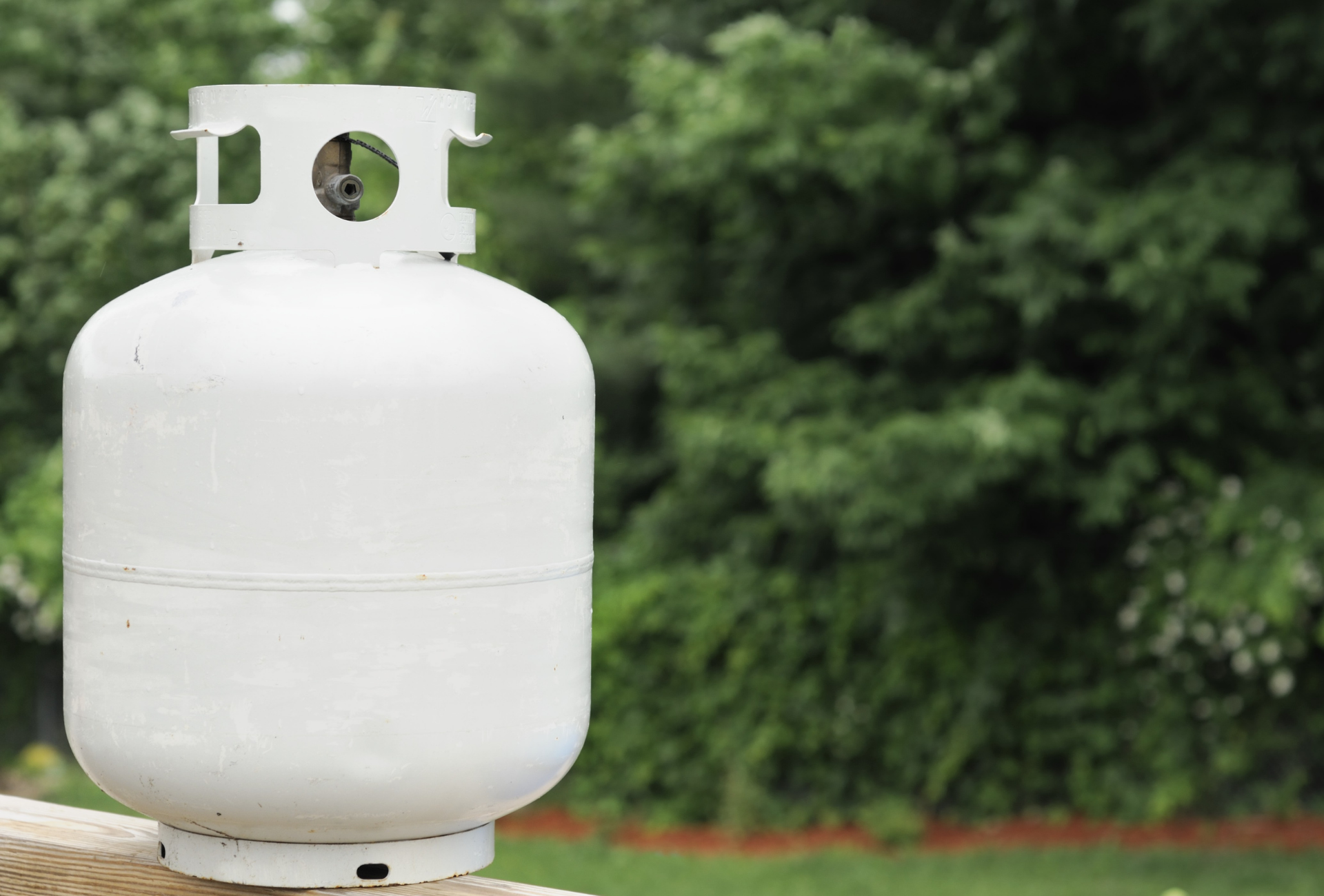 White propane tank outdoors, with green foliage in the background.