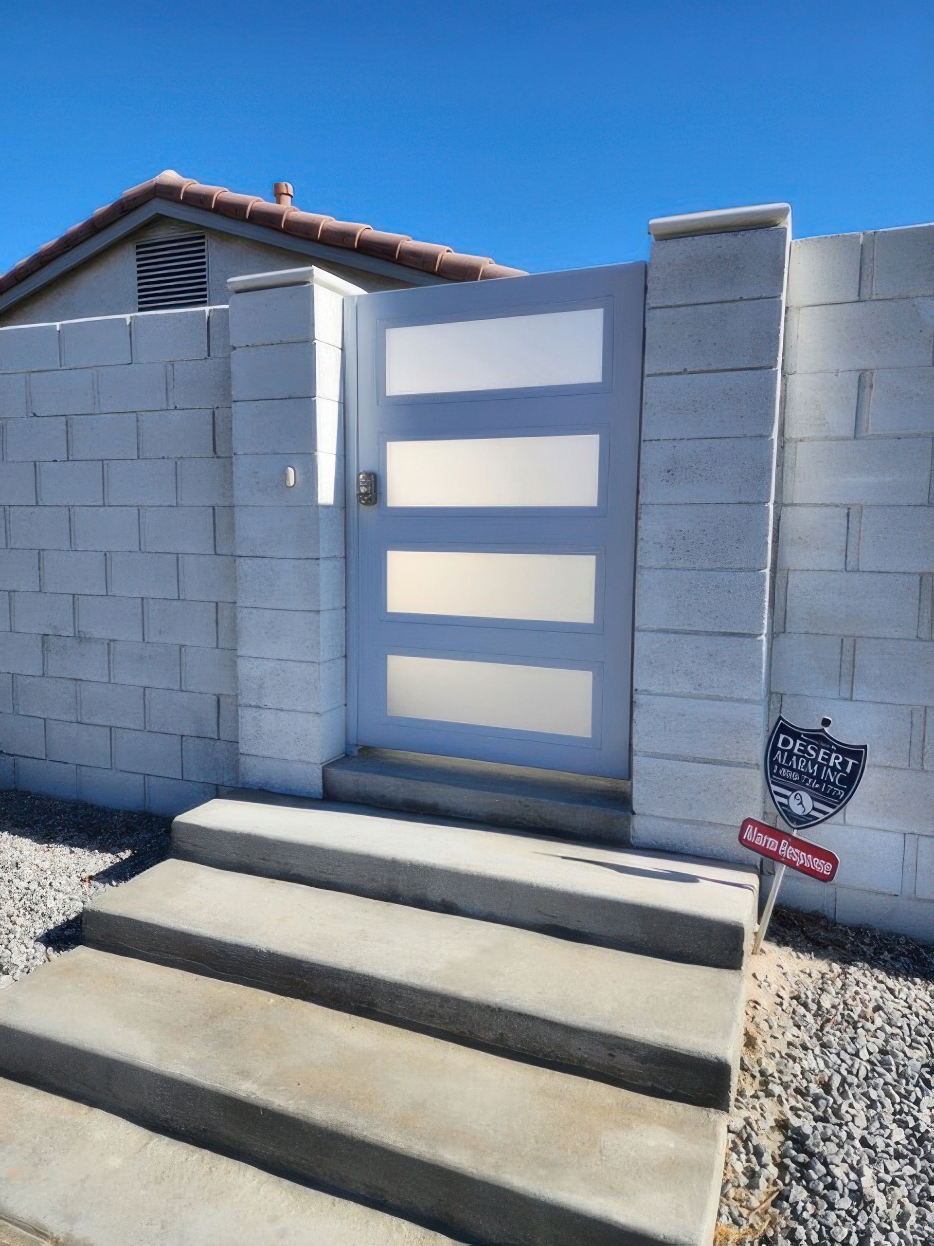 A brick wall with stairs leading up to a white gate