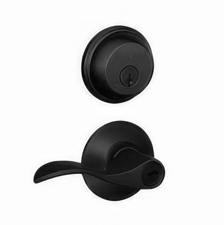 A black door lock and handle on a white background.