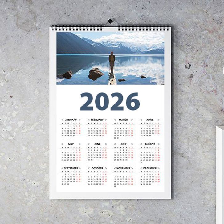 A calendar photo print on living room wall