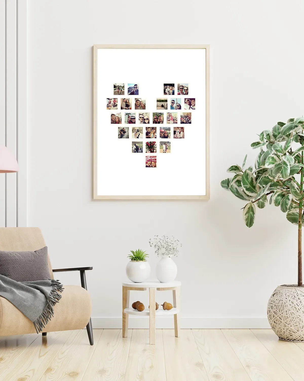 Custom collage framed on wall in the shape of a heart