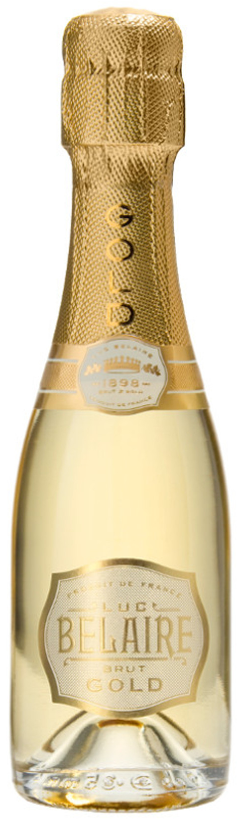 A bottle of belaire champagne with a gold cap on a white background.