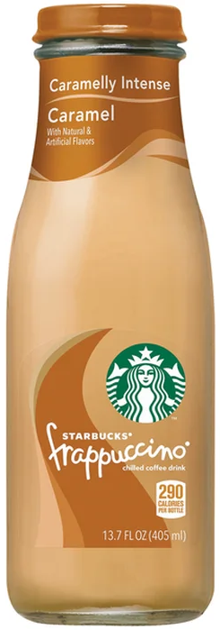 A bottle of starbucks caramel frappuccino on a white background