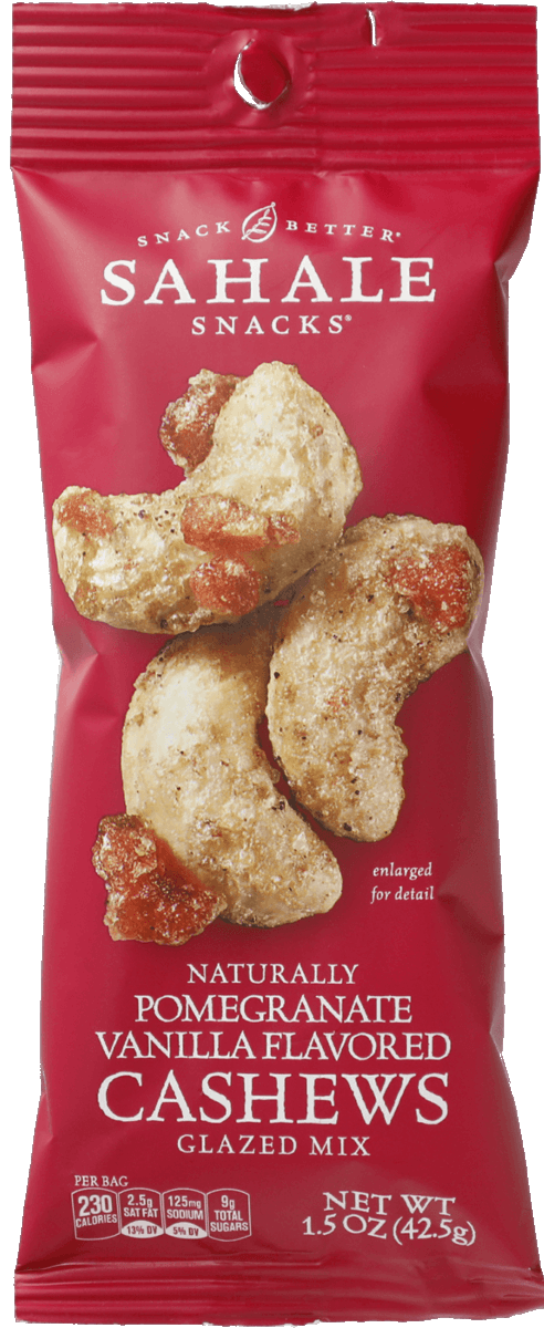 A bag of pomegranate vanilla flavored cashews