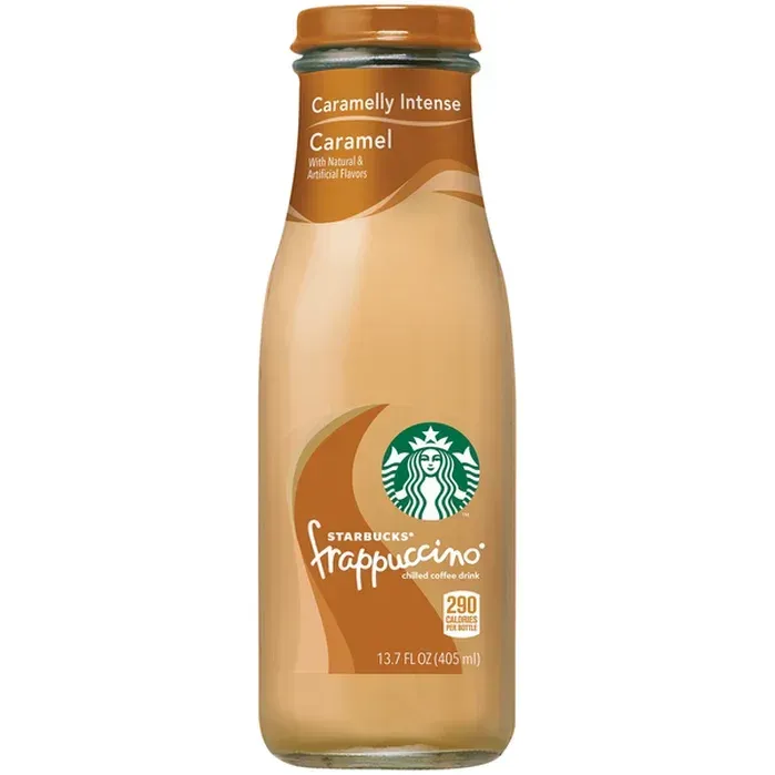 A bottle of starbucks caramel frappuccino on a white background