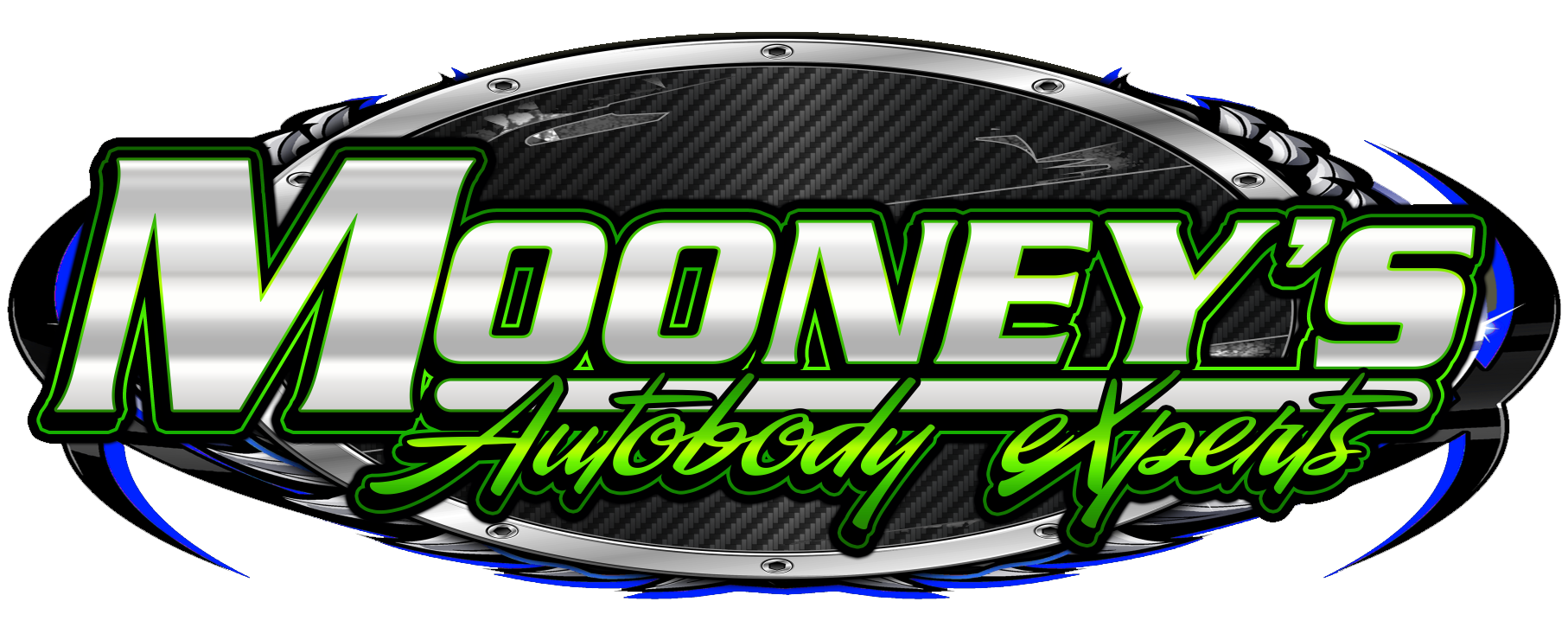 Mooney's Autobody Experts logo. Oval design with text in silver and green over a carbon fiber background.