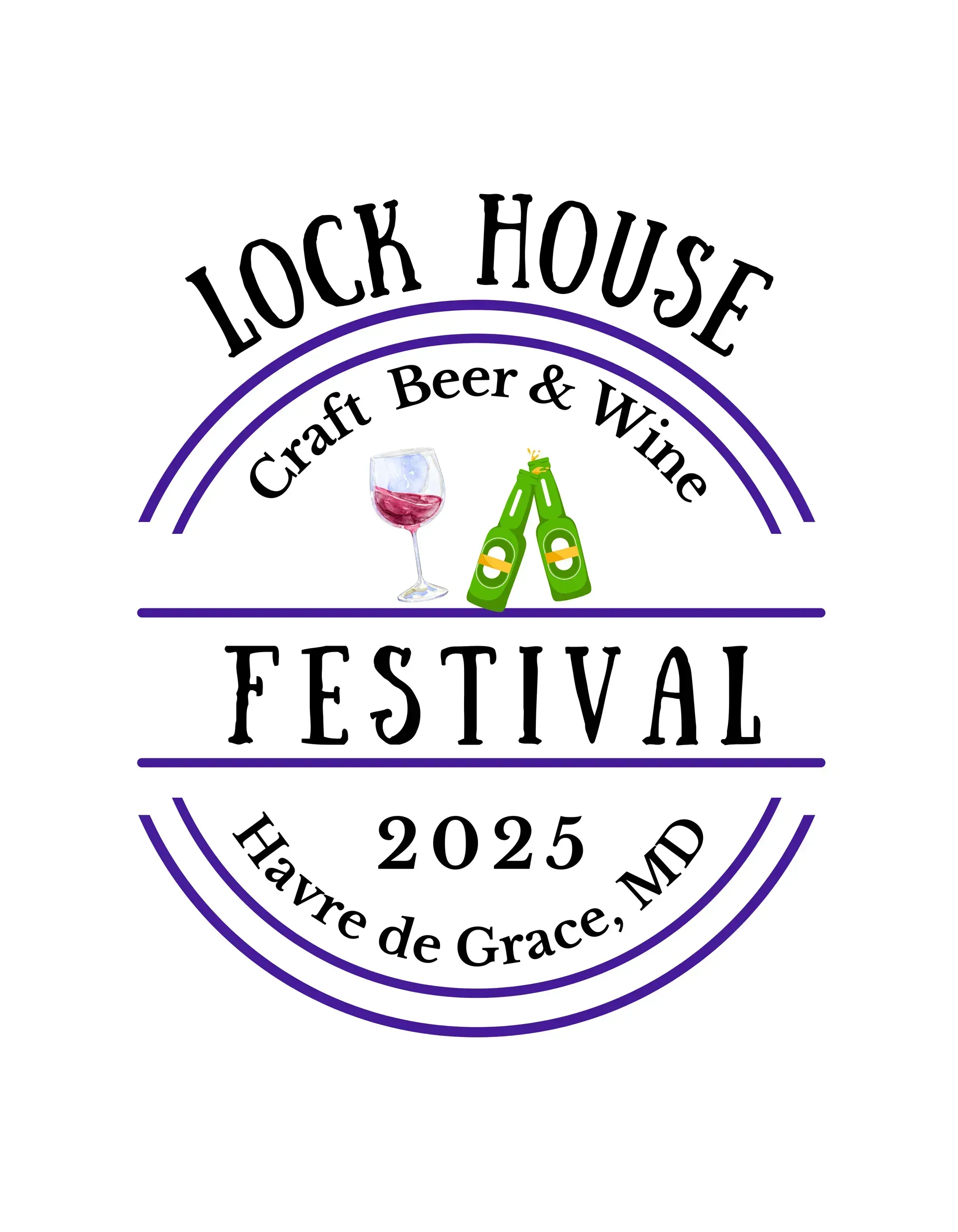 Lock House Craft Beer & Wine Festival logo. Purple, white, and green, Havre de Grace, MD, 2025. Featuring wine glass and beer bottles.