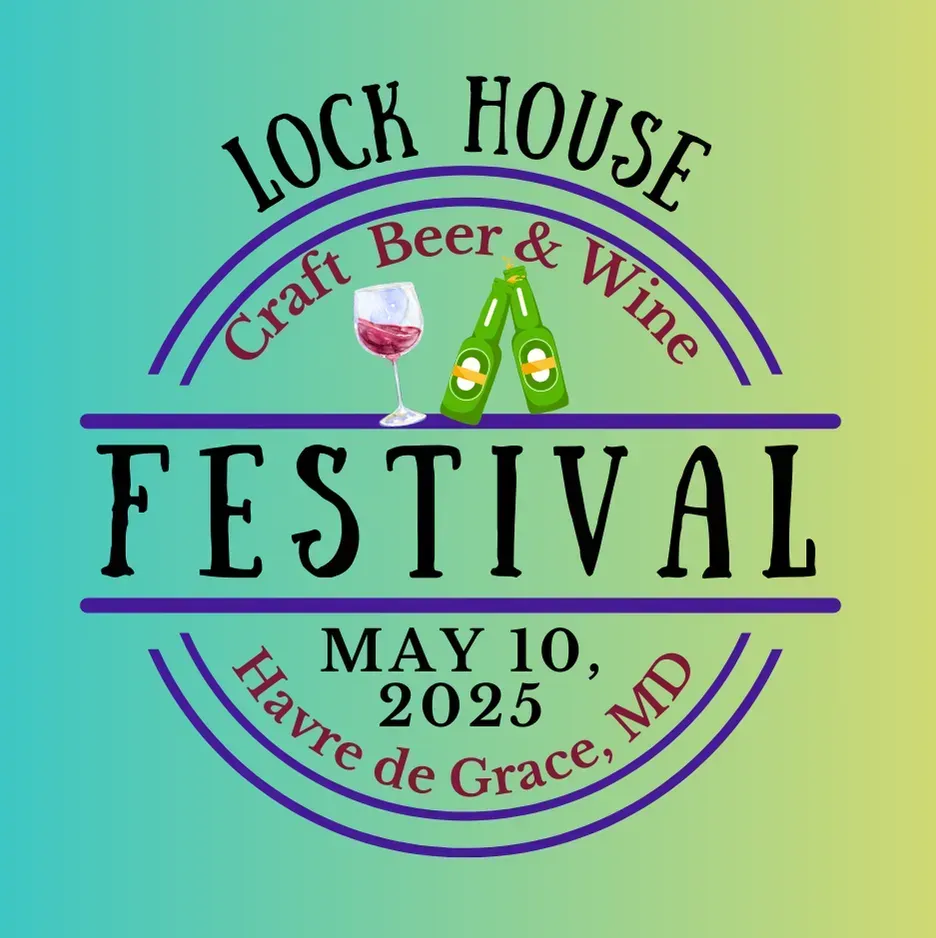 Lock House Craft Beer & Wine Festival in Havre de Grace, MD on May 10, 2025. Logo with beer and wine illustrations.