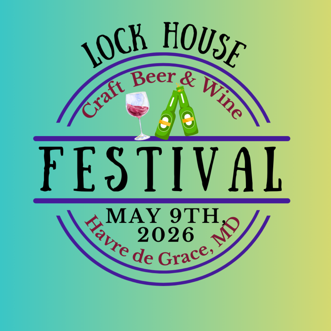 Lock House Craft Beer & Wine Festival in Havre de Grace, MD on May 10, 2025. Logo with beer and wine illustrations.