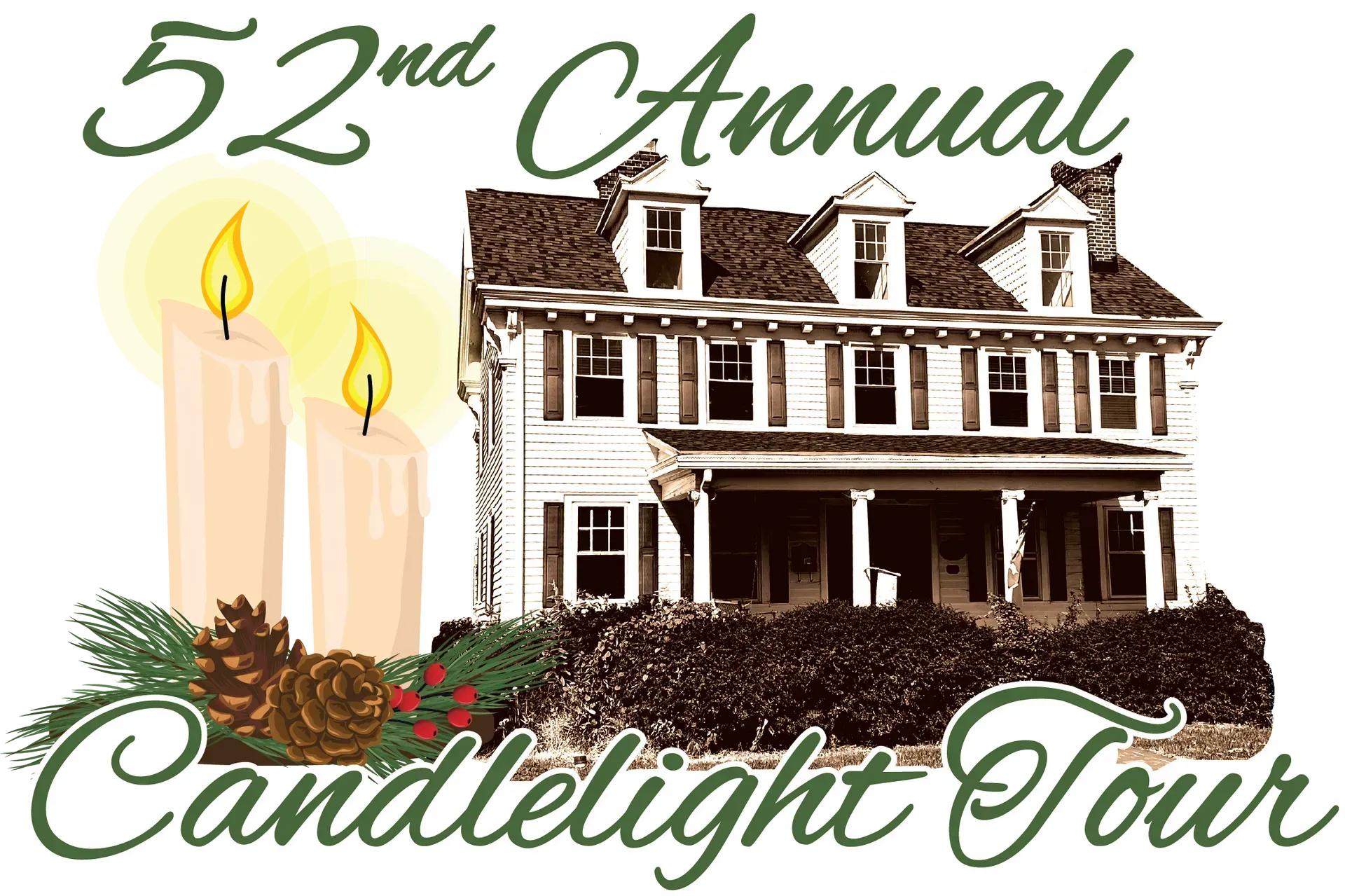 52nd Annual Candlelight Tour: white house with two candles, pine cones, evergreen.