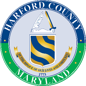 Harford County, Maryland seal: Blue and gold shield, sword, and quill, 