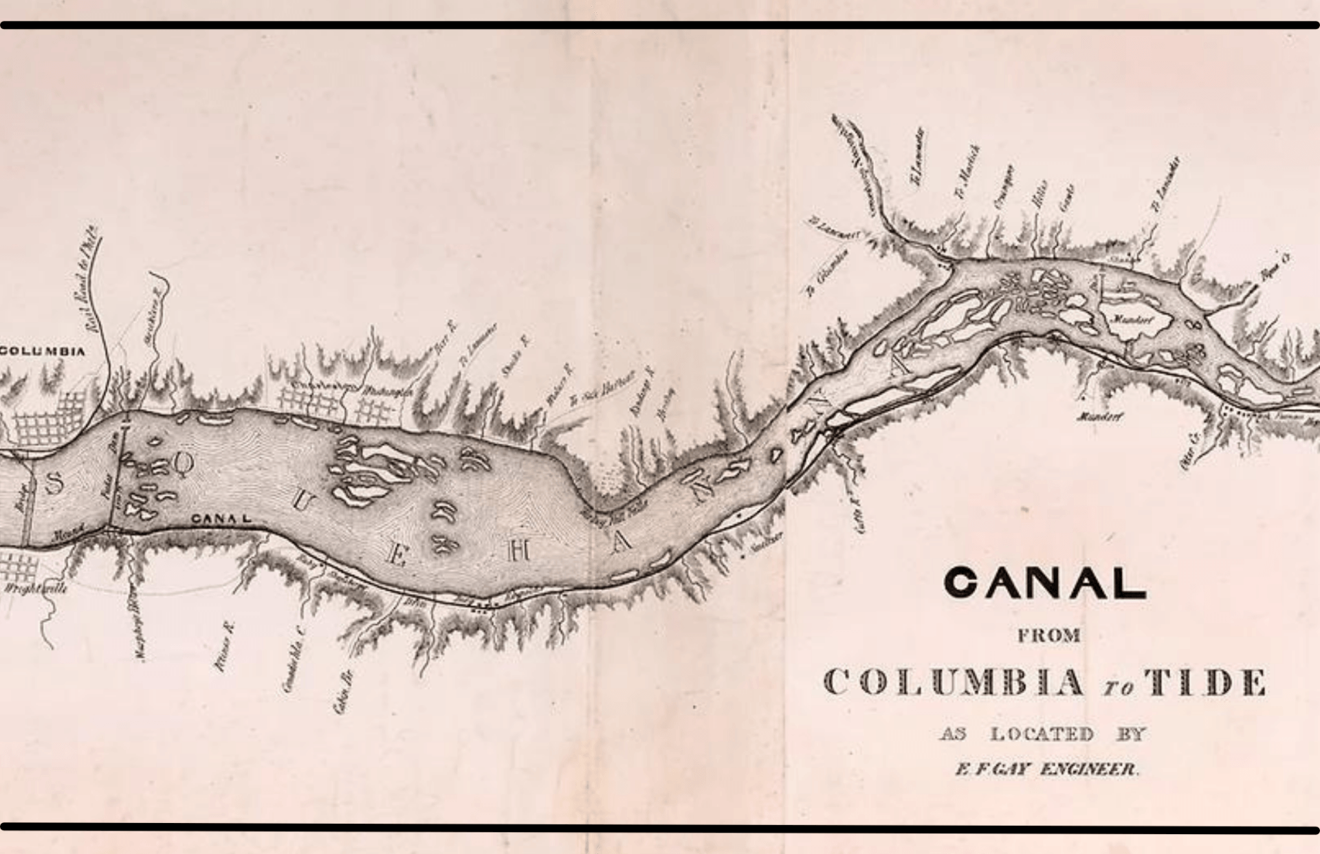 Map: Canal from Columbia to Tide. Black and white line drawing showing waterways and surrounding land.
