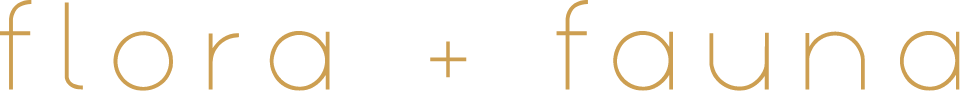 "flora + fauna" in a gold script on a white background.