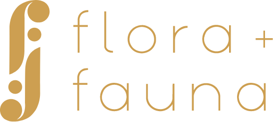 Logo for "flora + fauna" with a stylized gold serif "f" graphic.