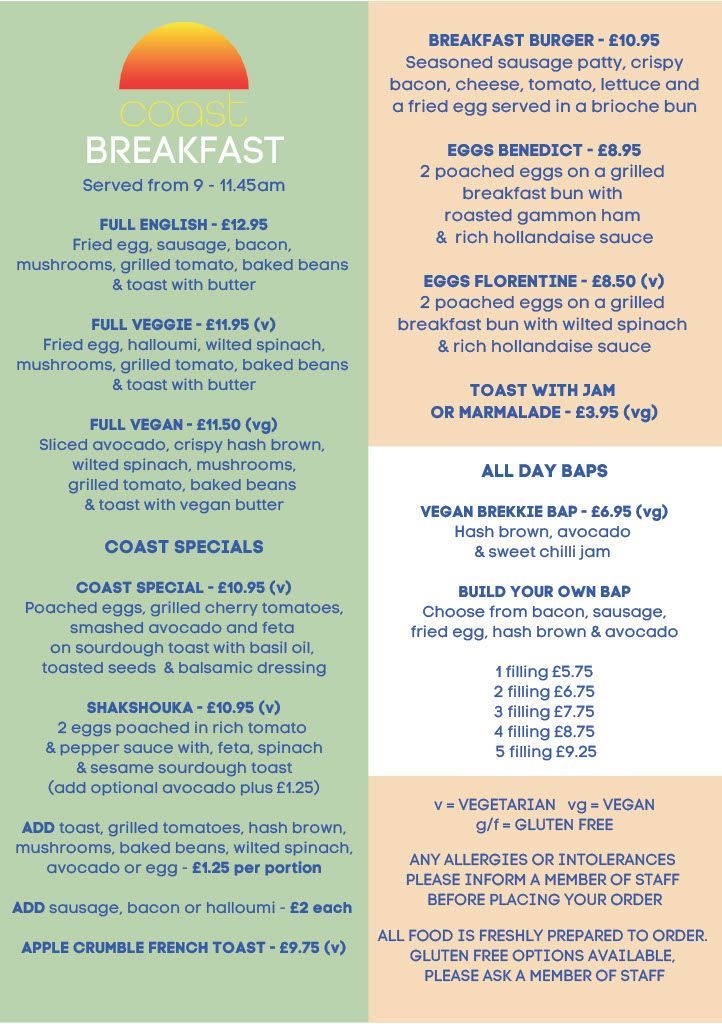 Breakfast Menu for Coast Cafe Worthing