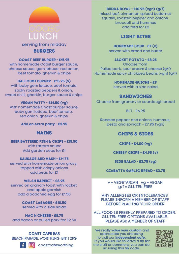 Lunch menu for Coast Cafe Worthing