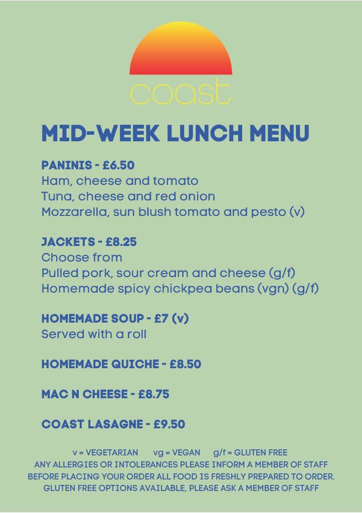 Lunch menu for Coast Cafe Worthing