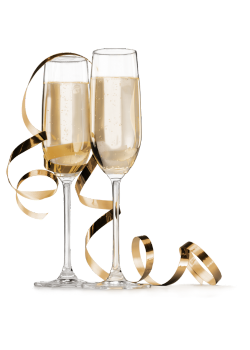 Two glasses of champagne and a gold ribbon on a white background.