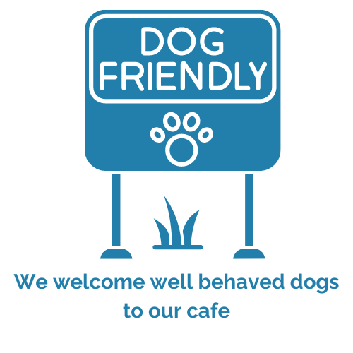 A blue sign that says `` dog friendly '' with a paw print on it.
