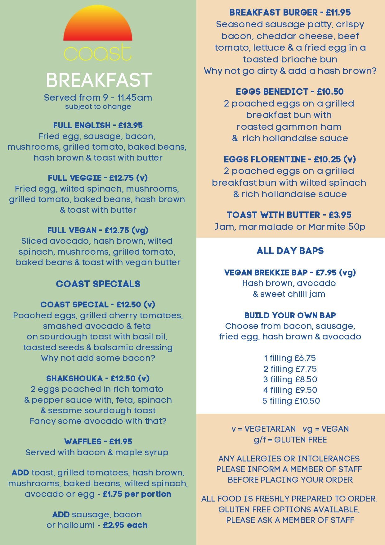 Breakfast Menu for Coast Cafe Worthing