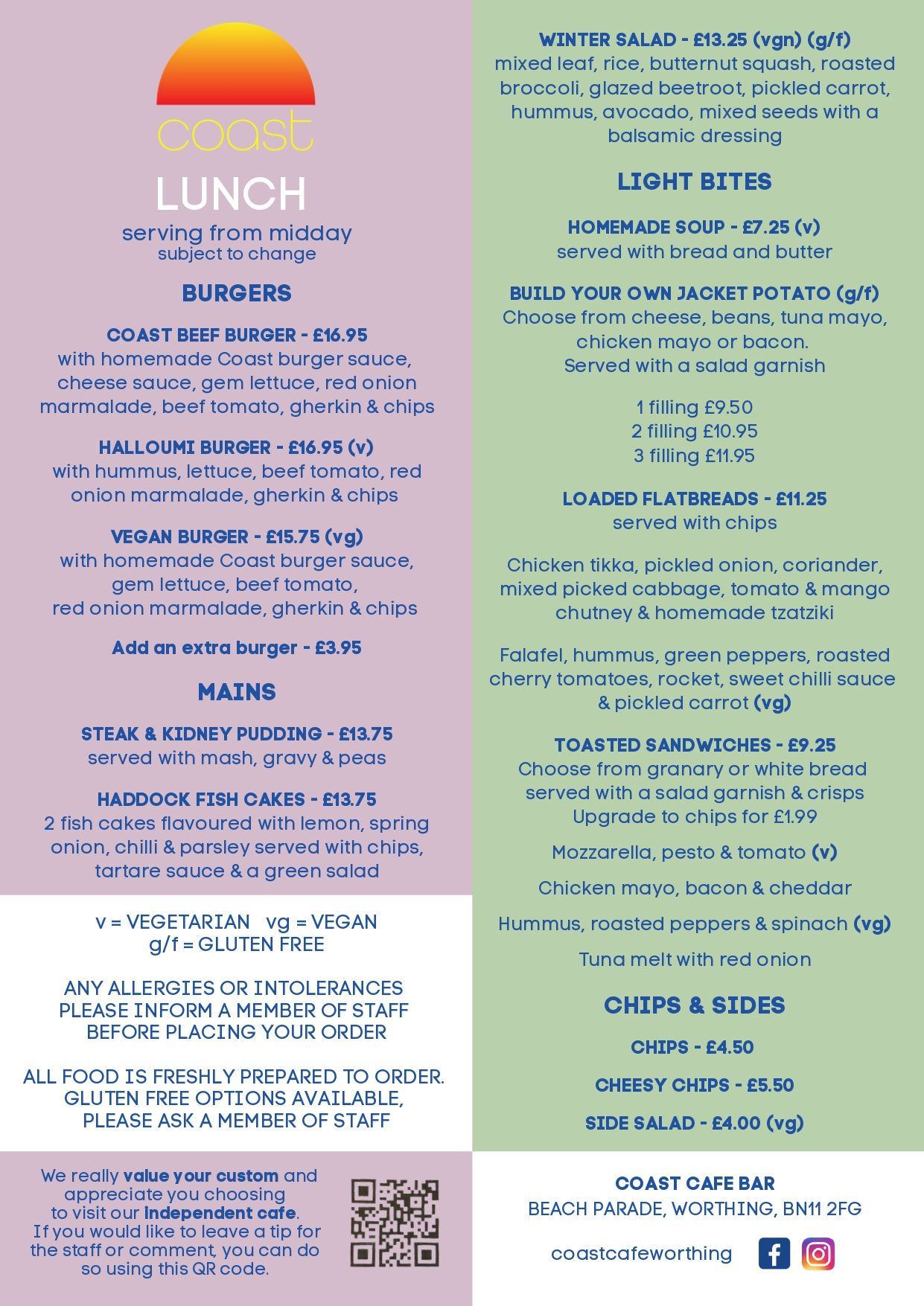 Lunch menu for Coast Cafe Worthing