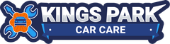 Logo for Kings Park Car Care. Features car and tools graphics, with text over a blue banner.