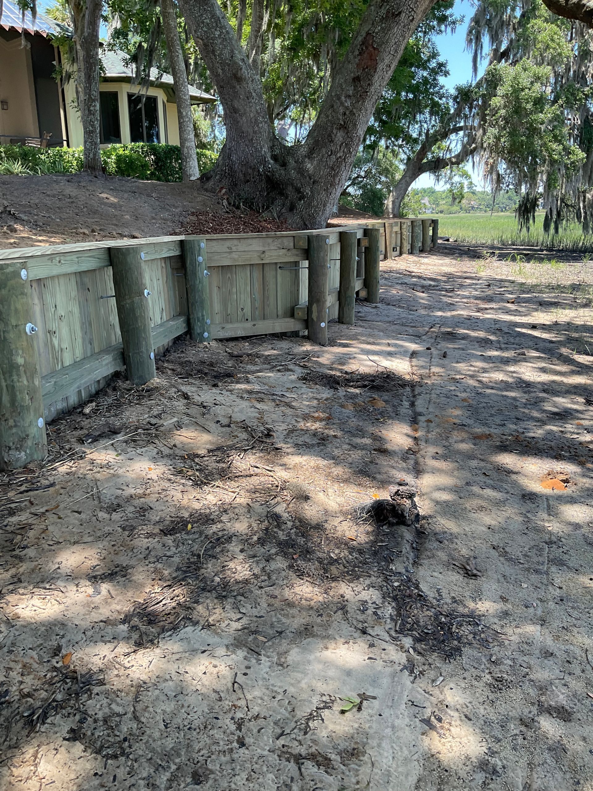 There is a house in the background and a tree in the foreground.