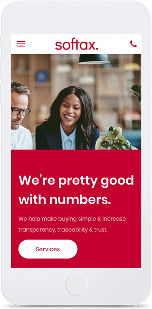 Softax mobile ad: two people smiling, red background with text 