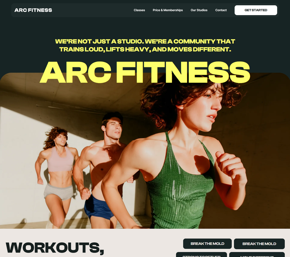 Website homepage for Arc Fitness. Three people running, wearing athletic clothing. Green, tan and yellow color scheme.