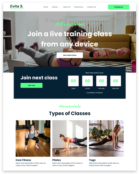 Website promoting live training classes. A woman exercising, countdown timer, and class types.