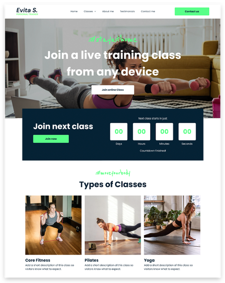 Website promoting live training classes. A woman exercising, countdown timer, and class types.