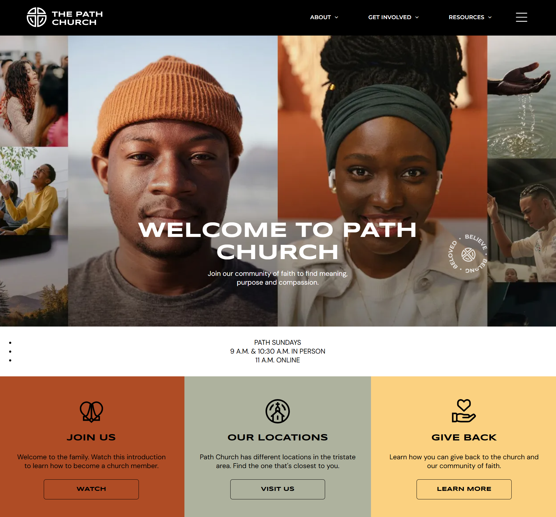 Website homepage featuring people, with text 