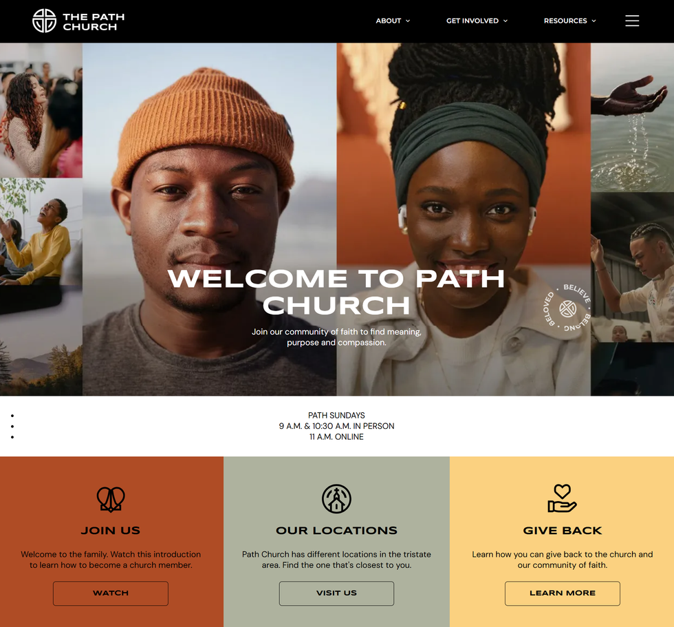 Website homepage featuring people, with text 
