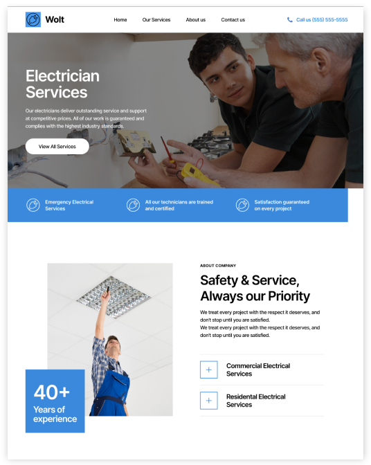 Electricians providing service; blue and white website; two electricians examining wiring, one working above.