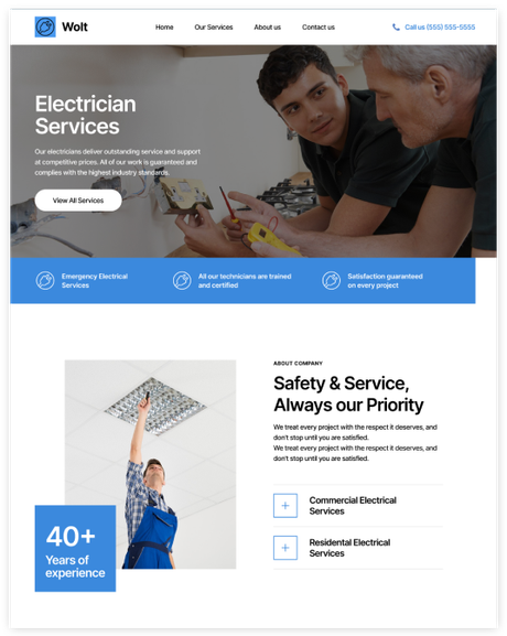 Electricians providing service; blue and white website; two electricians examining wiring, one working above.