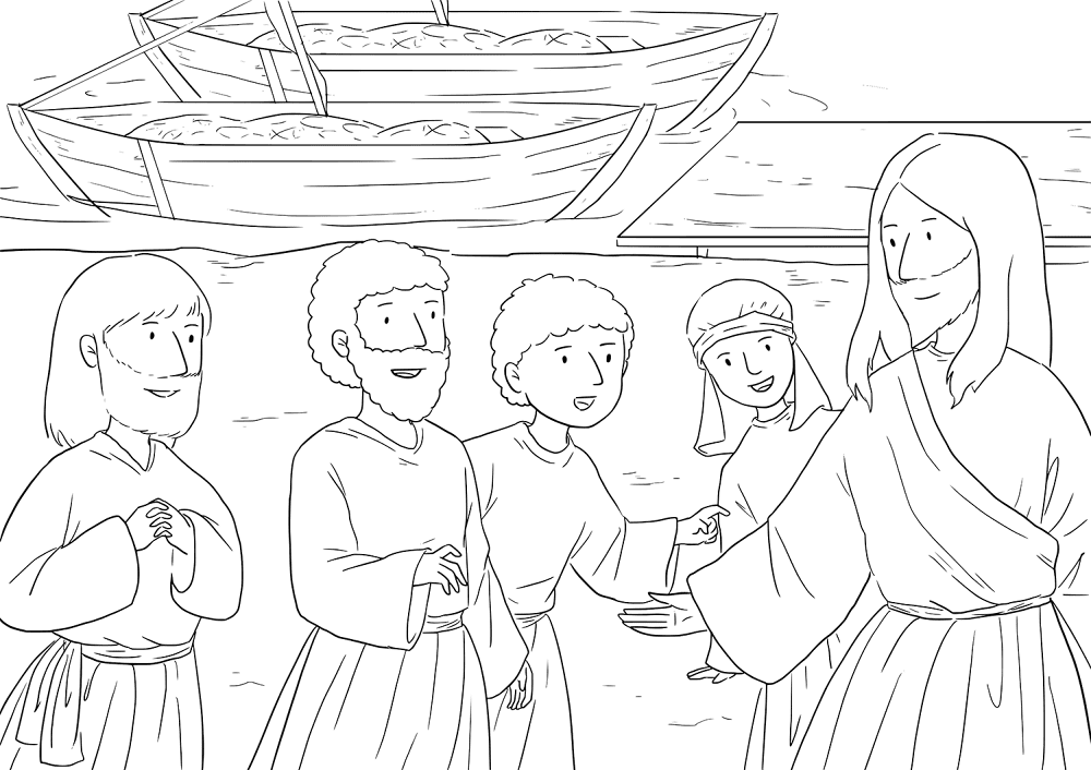 Luke 5:10-11 Fishers of Men - The fishers follow Jesus Coloring Page