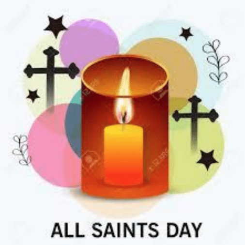 A lit altar candle is glowing inside a red glass candlestick.