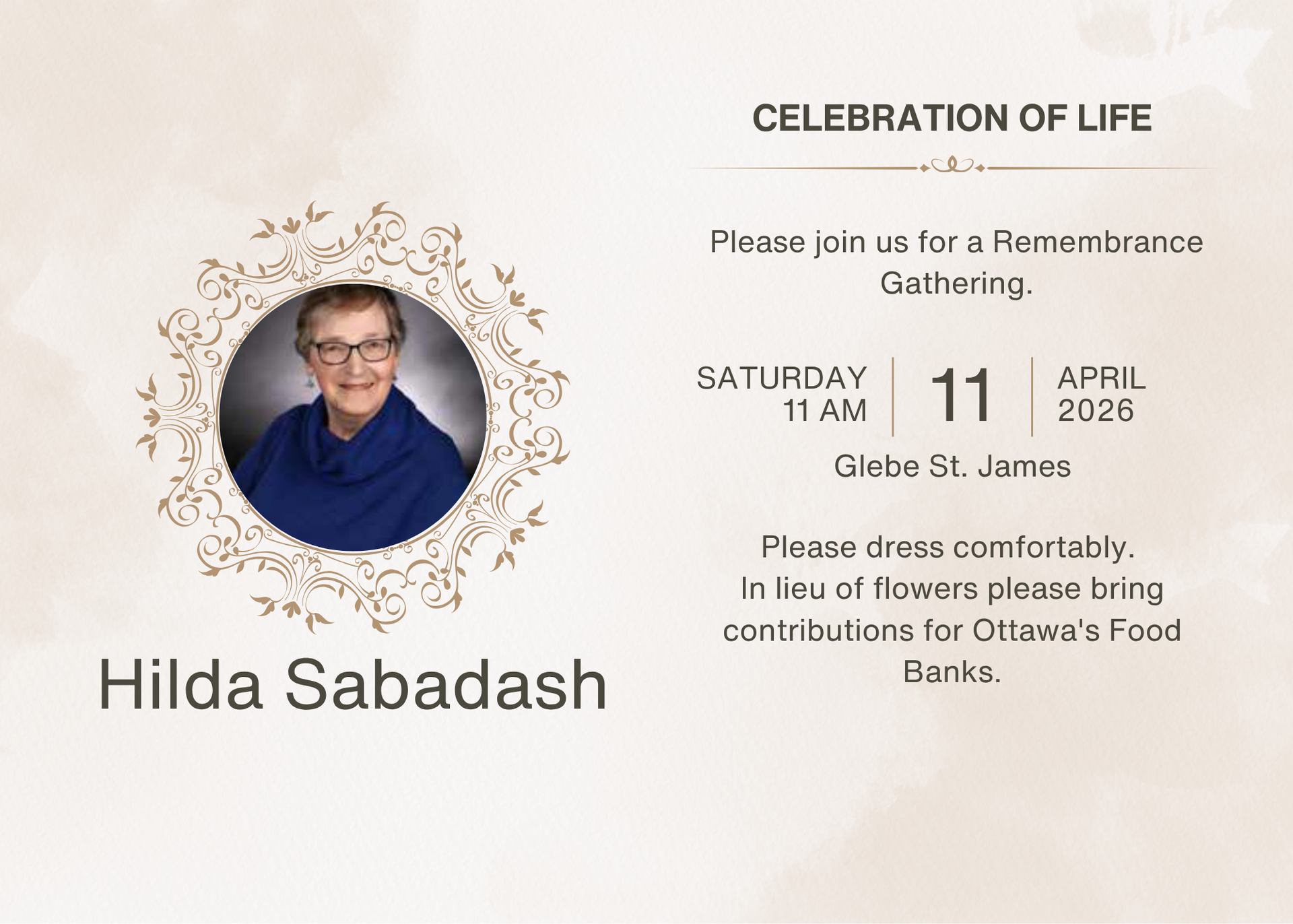 On the left, a photo of Hilda in a blue cowled necked sweater. On the right, details about Hilda's Remebrance Gathering on Saturday, April 11 at 11 am.