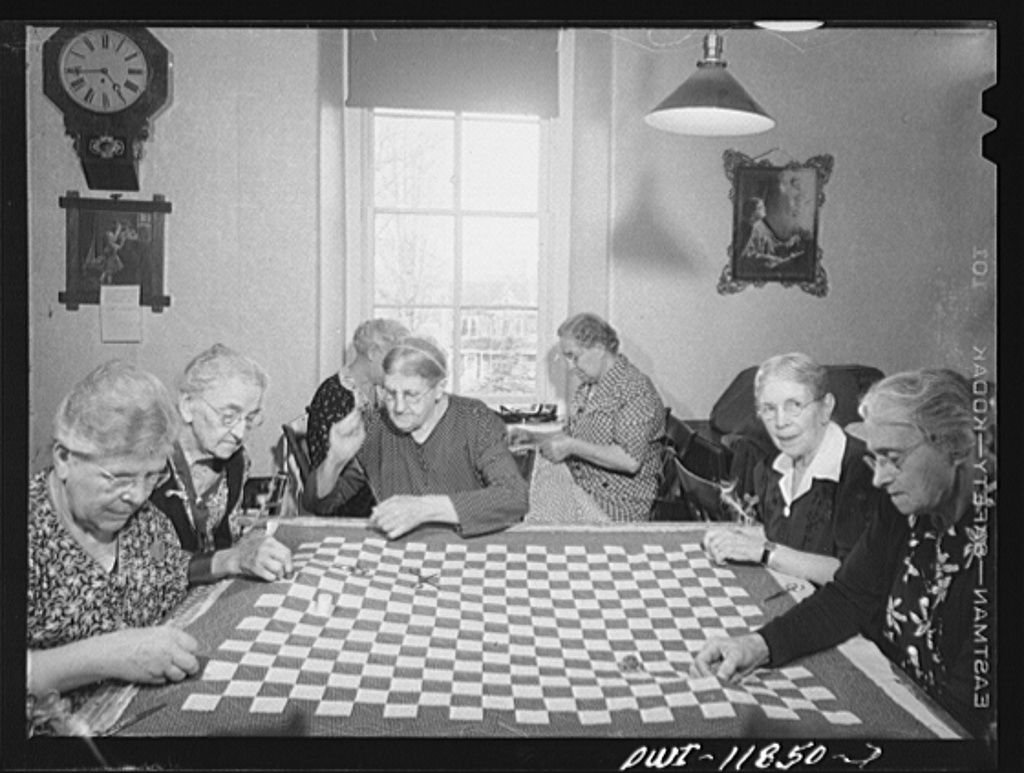 Lititz, Pennsylvania. The Moravian sewing circle quilts for anyone at one cent a yard of thread and donates the money to the church