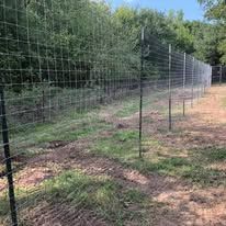 A fence is surrounding a grassy field with trees in the background.