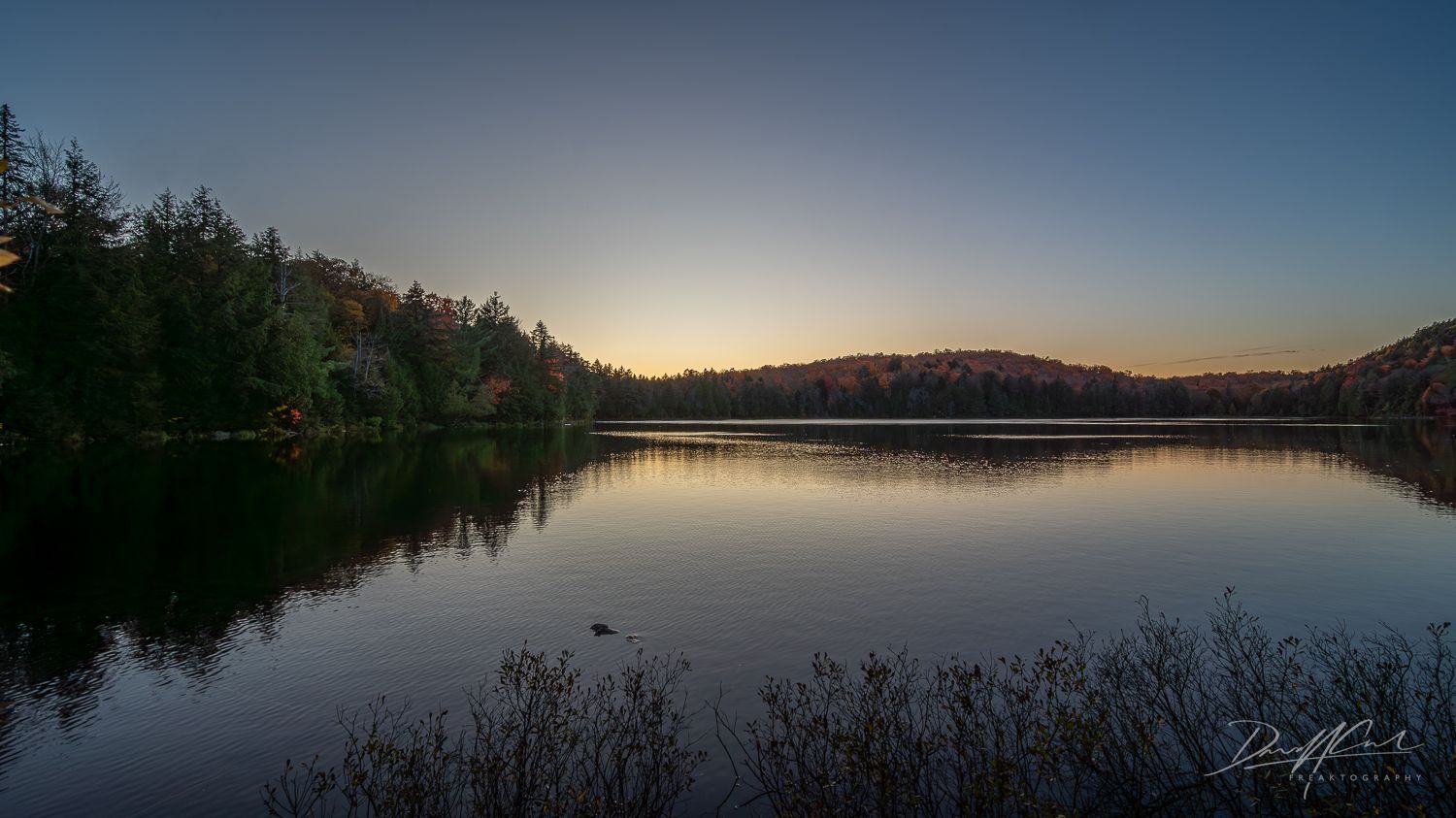 A lake with trees on the shore and a sunset in the background.