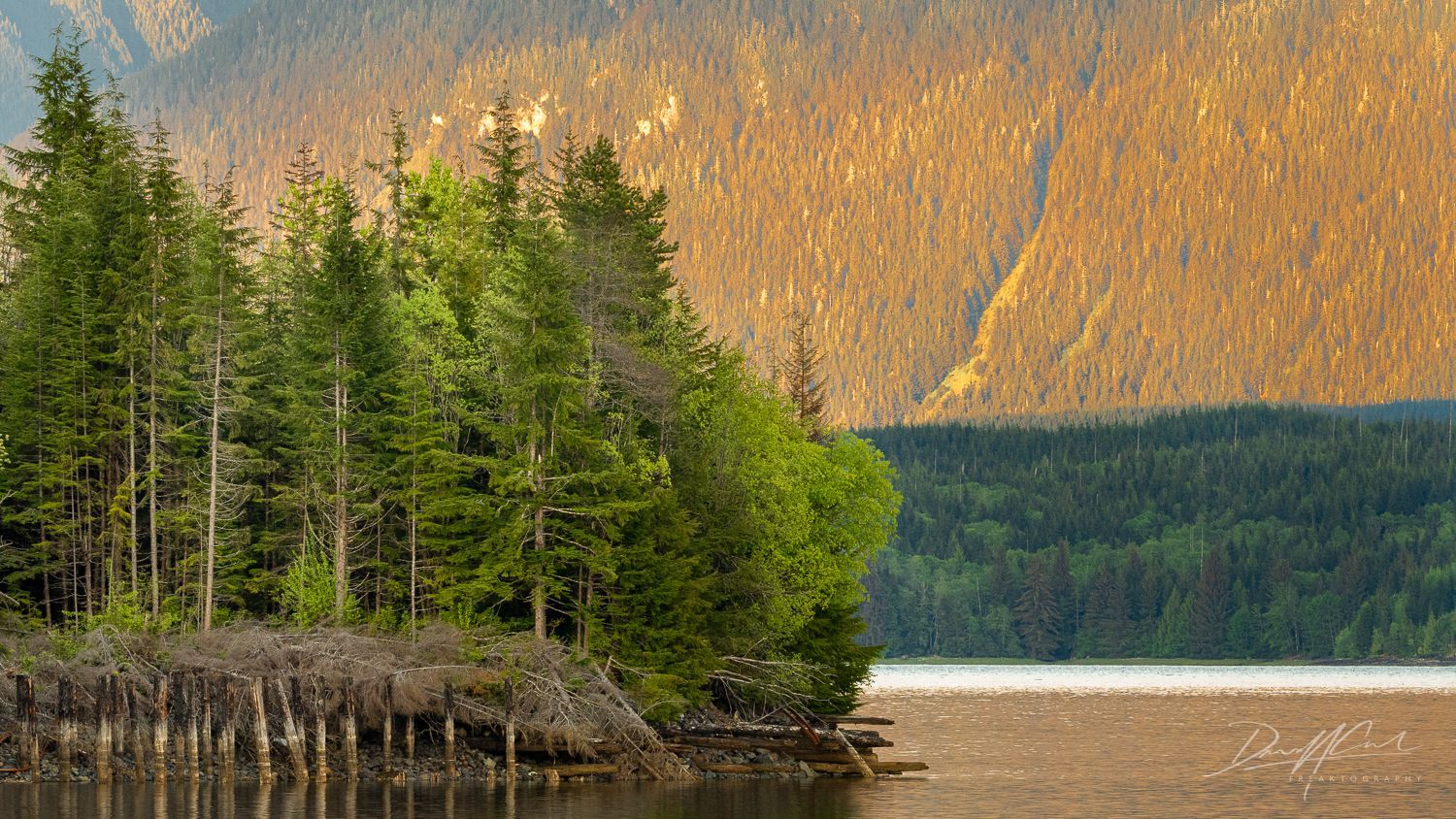 A small island in the middle of a lake with mountains in the background.