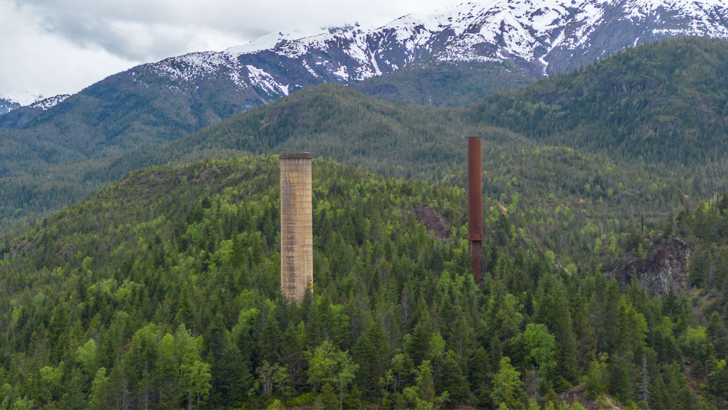 Two chimneys are sitting on top of a hill surrounded by trees.
