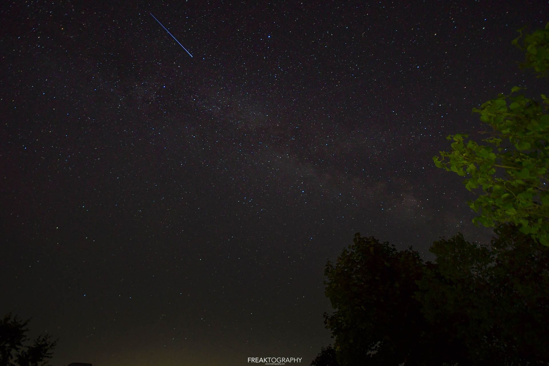 A night sky filled with lots of stars and trees in the foreground.
