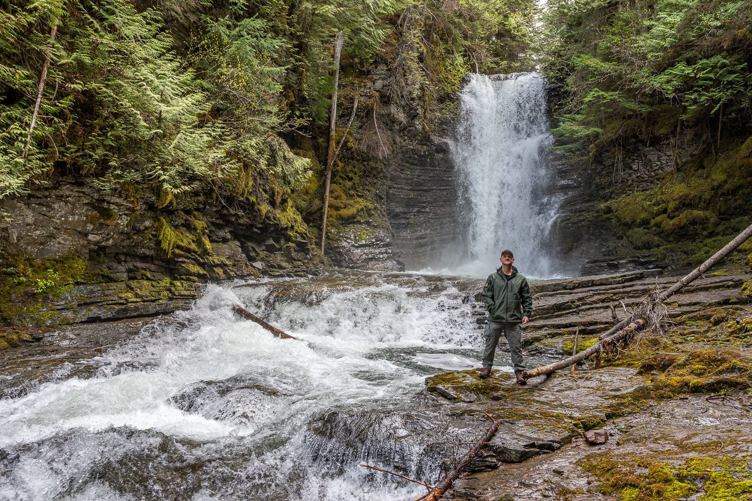 A man is standing in front of a waterfall in the woods.