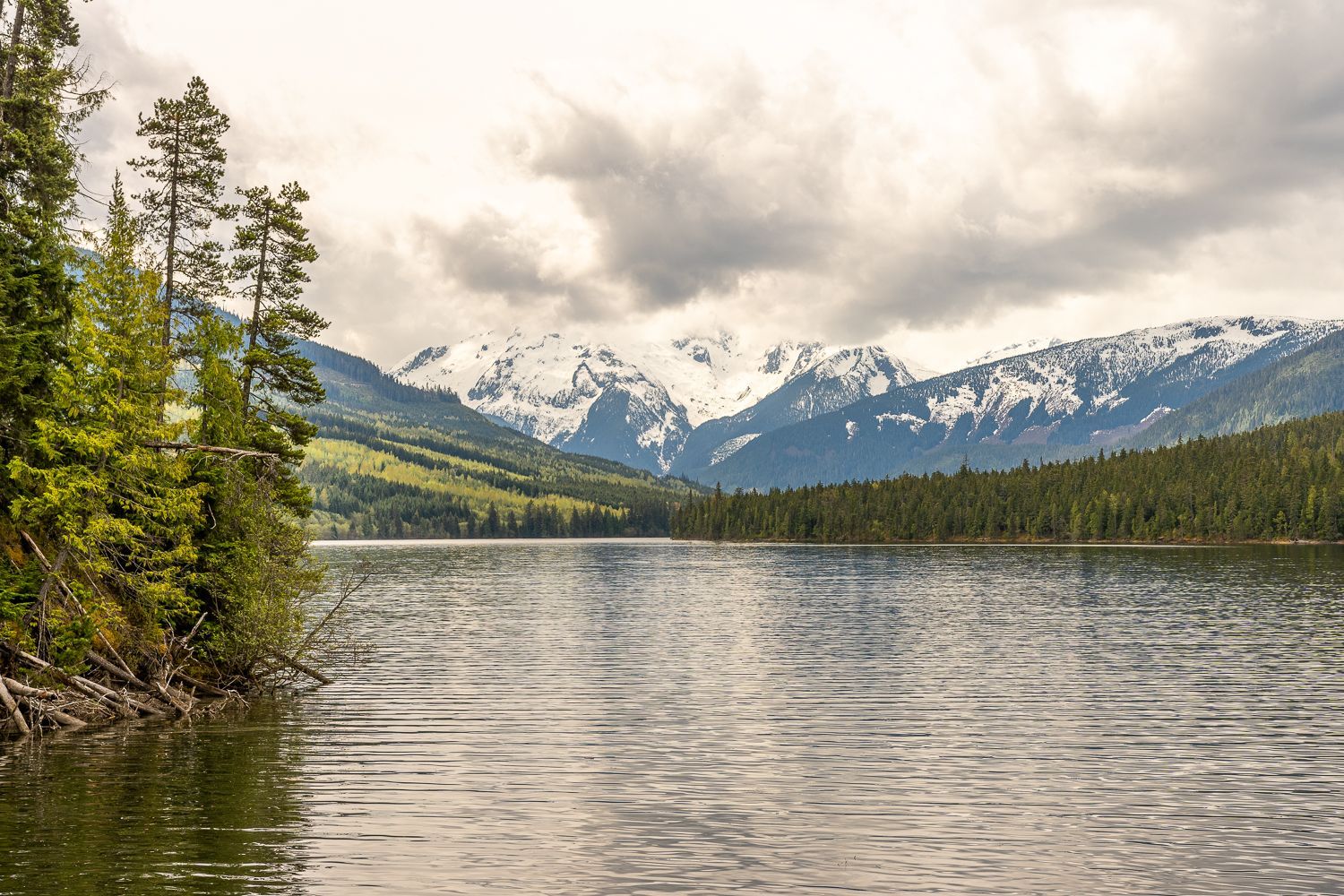 A lake with mountains in the background and trees on the shore.