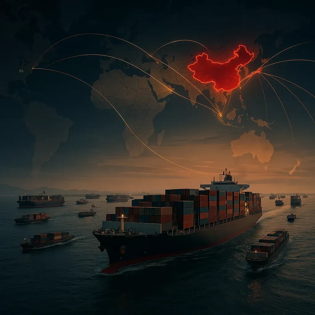 Um grande navio porta-contêineres está flutuando no oceano com um mapa do mundo ao fundo.