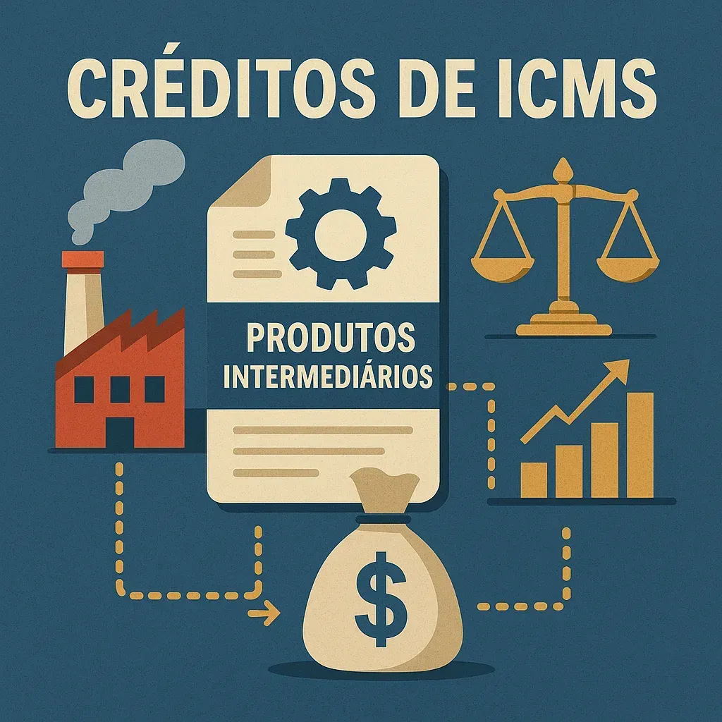 Uma ilustração de uma fábrica, balança da justiça e uma bolsa de dinheiro.